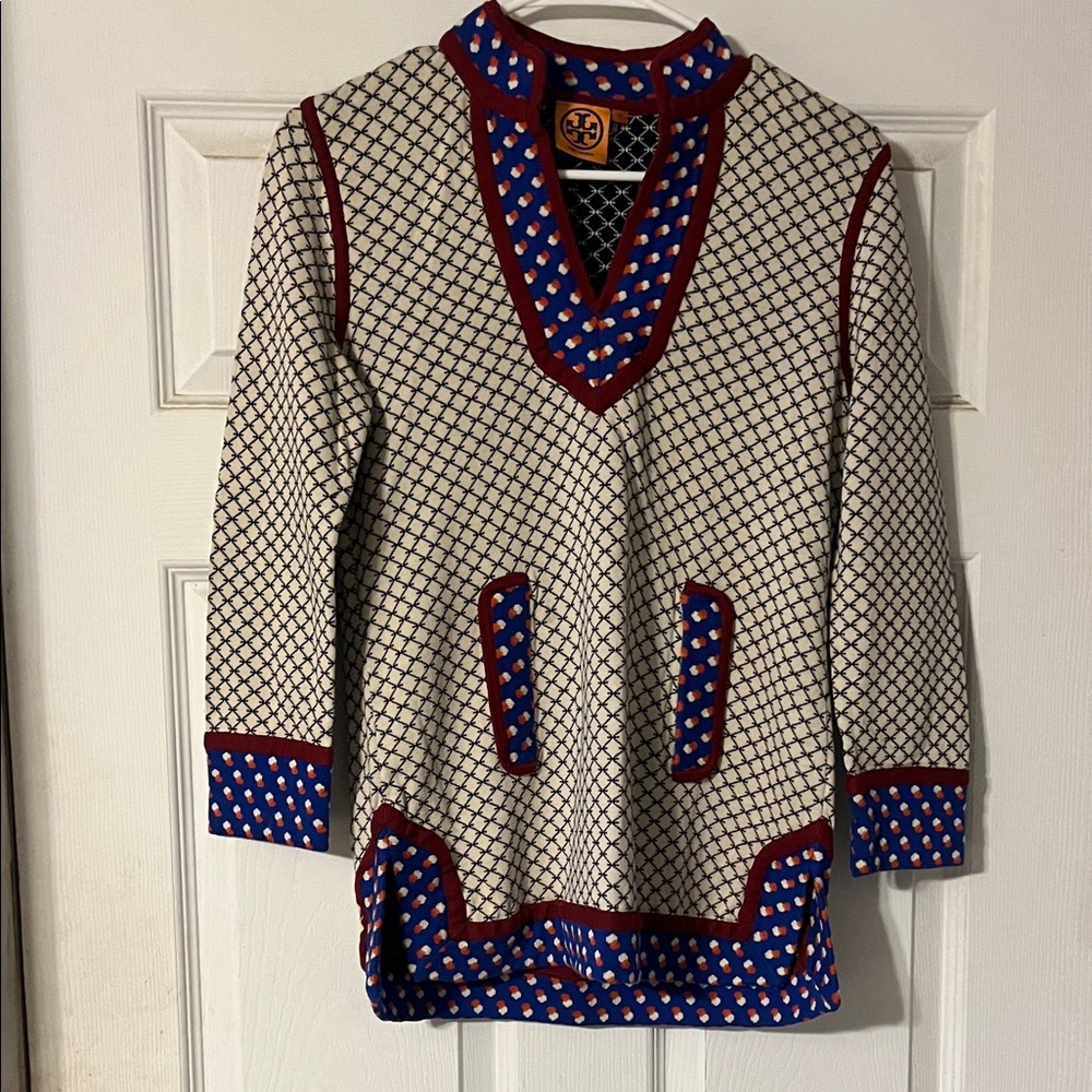 Tory Burch V-Neck Sweater - Cream, Blue, and Red